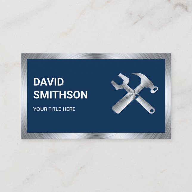 Navy Blue Steel Handyman Auto Repair Mechanic Business Card (Front)