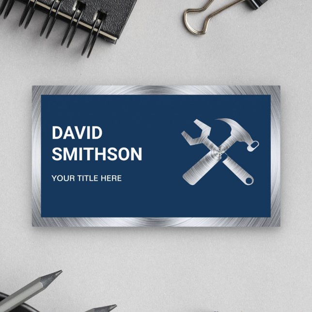 Navy Blue Steel Handyman Auto Repair Mechanic Business Card (Creator Uploaded)