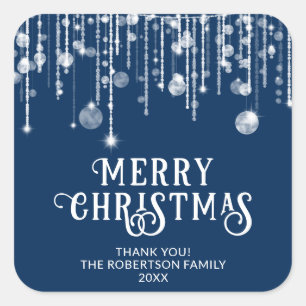 Navy Blue String Lights Christmas Party Favour Square Sticker