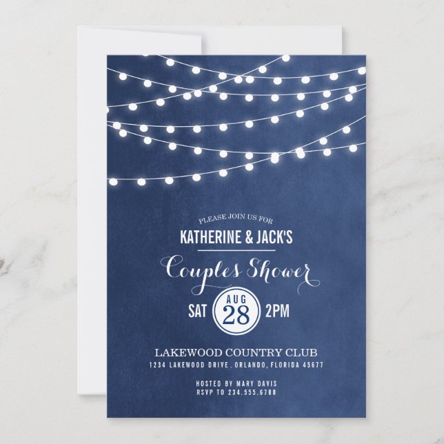 Navy Blue String Lights Couples Shower Invitation (Front)