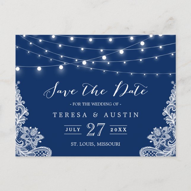 Navy Blue String Lights Elegant Lace Save the Date Announcement Postcard (Front)