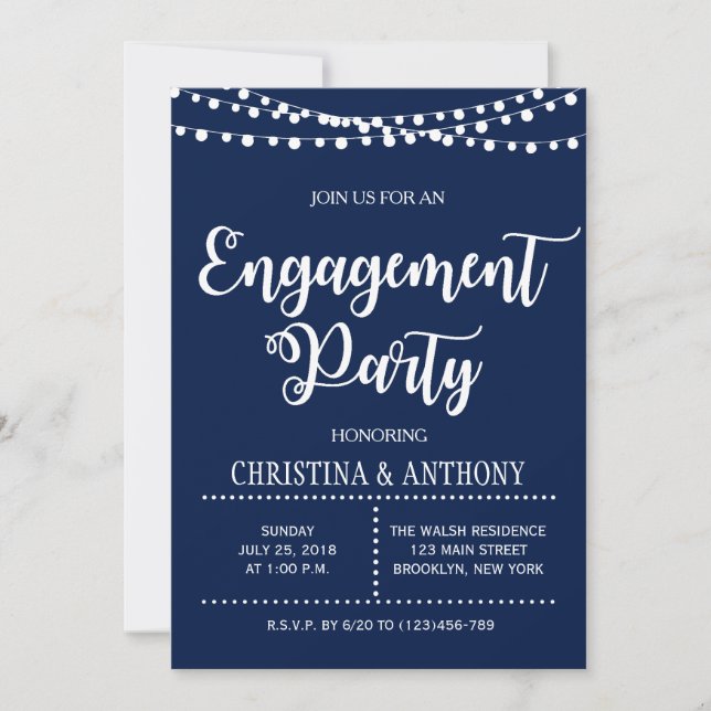 Navy Blue String Lights Engagement Invitation (Front)