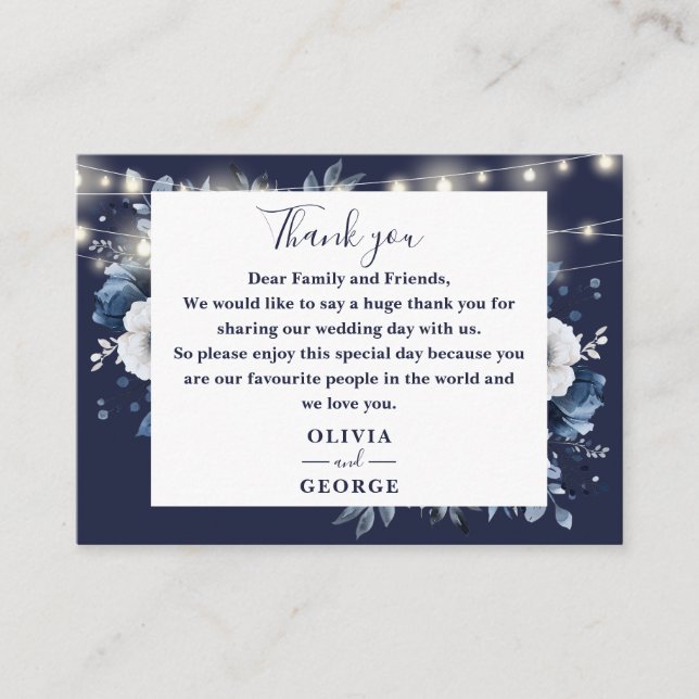 Navy Blue String Lights Floral Wedding Thank You Place Card (Front)