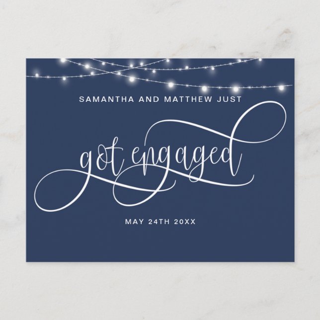 Navy Blue, String Lights, Got Engaged, Engagement Announcement Postcard (Front)