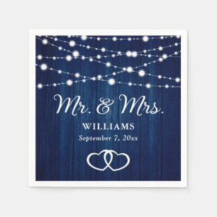 Navy Blue String Lights Hearts Rustic Wood Wedding Napkin