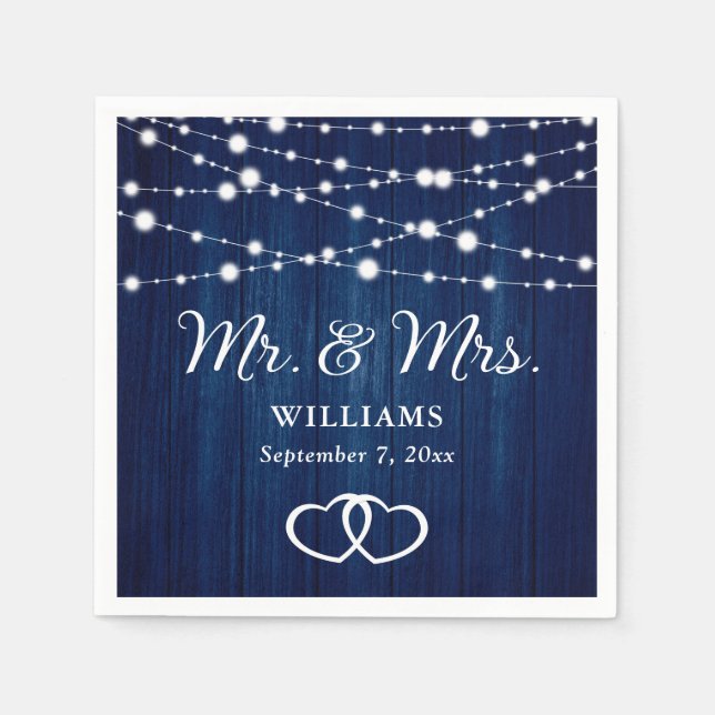 Navy Blue String Lights Hearts Rustic Wood Wedding Napkin (Front)