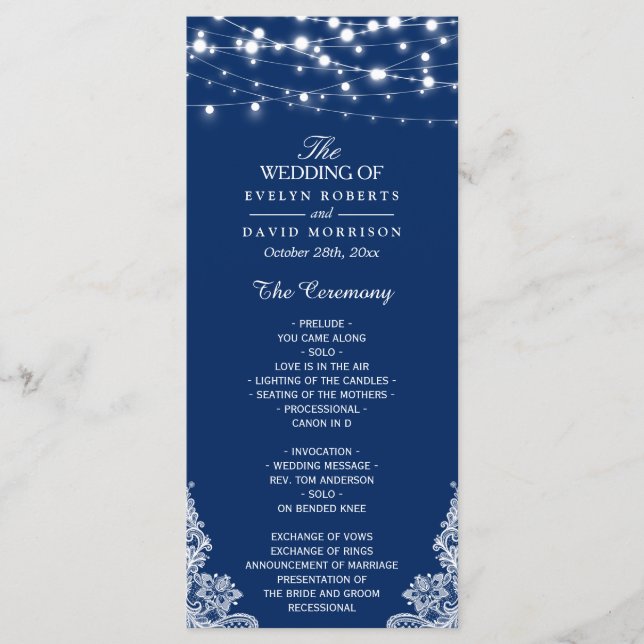 Navy Blue String Lights Lace Wedding Program (Front)