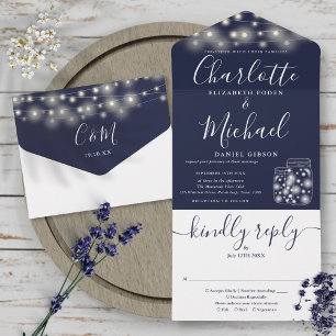 Navy Blue String Lights Mason Jars Wedding All In One Invitation