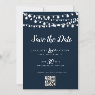 Navy Blue String Lights Modern Script Save the Save The Date