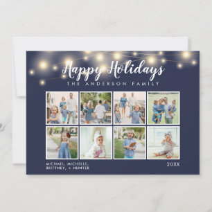 Navy Blue String Lights Photo Collage Holiday Card