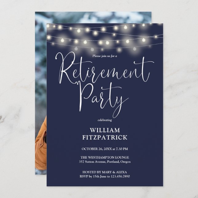 Navy Blue String Lights Photo Retirement Party Invitation (Front/Back)