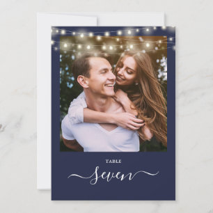 Navy Blue String Lights Photo Table Number