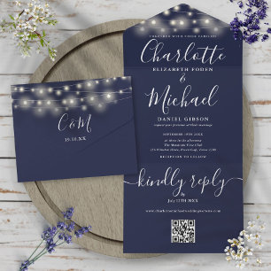Navy Blue String Lights QR Code Monogram Wedding All In One Invitation