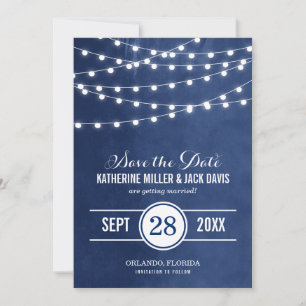 Navy Blue String Lights Save the Date Announcement