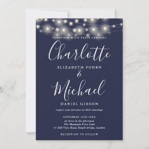 Navy Blue String Lights Script Photo Wedding Invitation
