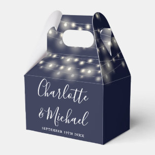 Navy Blue String Lights Signature Script Wedding Favour Box