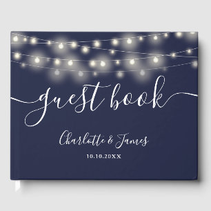 Navy Blue String Lights Signature Script Wedding Guest Book
