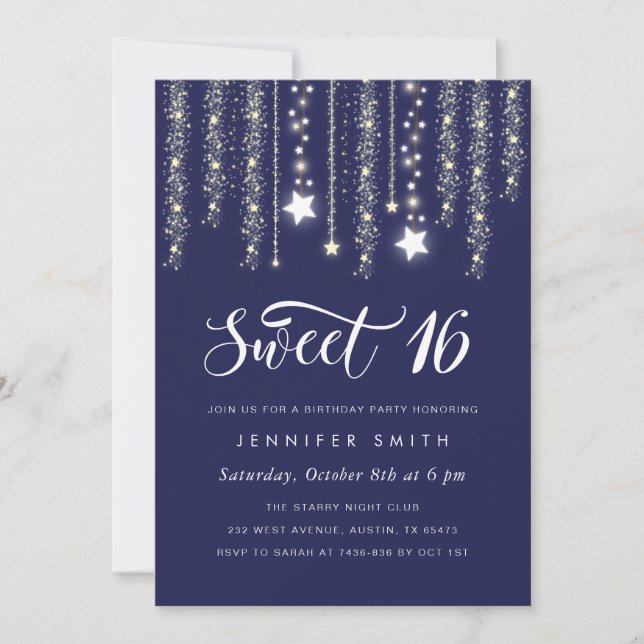 Navy Blue String Lights Sweet 16 Invitation (Front)