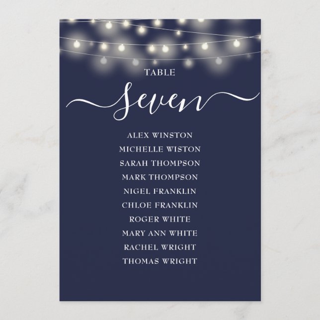 Navy Blue String Lights Table Number Seating Chart (Front)