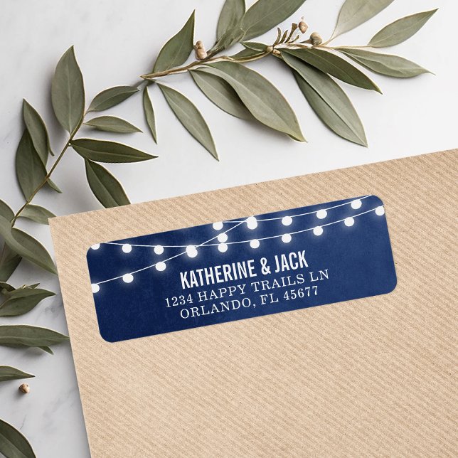 Navy Blue String Lights Wedding Address Labels (Creator Uploaded)
