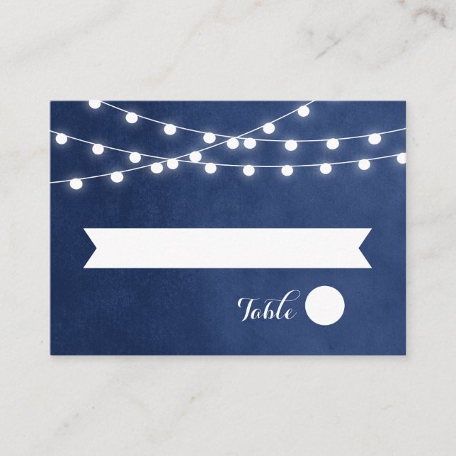 Navy Blue String Lights Wedding Escort Cards (Front)