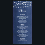 Navy Blue String Lights Wedding Menu Card<br><div class="desc">Chic modern summer wedding menu card design with simple elegant glowing string lights hanging across the top and a classy mix of modern and calligraphy script fonts on a printed faux watercolor texture background. A simple and stylish preppy design, perfect for summer! Click the CUSTOMIZE IT button to customise fonts,...</div>