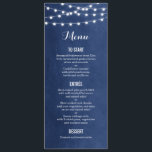 Navy Blue String Lights Wedding Menu Card<br><div class="desc">Chic modern summer wedding menu card design with simple elegant glowing string lights hanging across the top and a classy mix of modern and calligraphy script fonts on a printed faux watercolor texture background. A simple and stylish preppy design, perfect for summer! Click the CUSTOMIZE IT button to customise fonts,...</div>