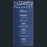 Navy Blue String Lights Wedding Menu Card<br><div class="desc">Chic modern summer wedding menu card design with simple elegant glowing string lights hanging across the top and a classy mix of modern and calligraphy script fonts on a printed faux watercolor texture background. A simple and stylish preppy design, perfect for summer! Click the CUSTOMIZE IT button to customise fonts,...</div>