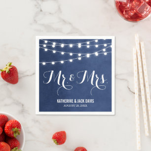 Navy Blue String Lights Wedding Monogram Napkin