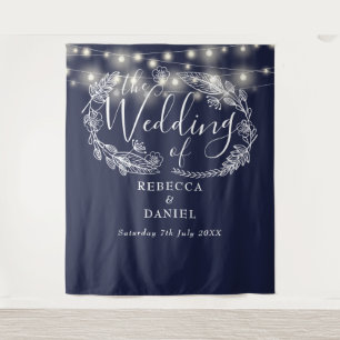 Navy Blue String Lights Wedding Photo Backdrop Tapestry