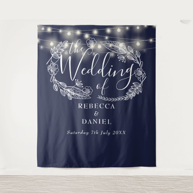 Navy Blue String Lights Wedding Photo Backdrop Tapestry (Front)