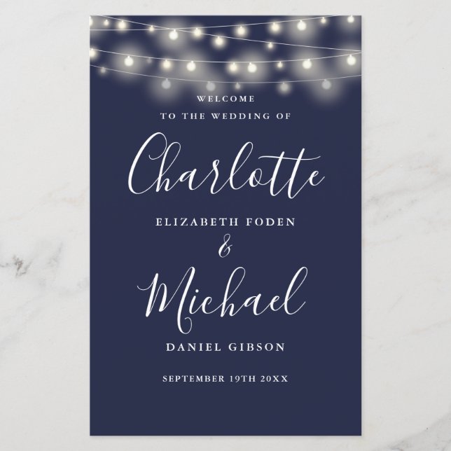 Navy Blue String Lights Wedding Program (Front)