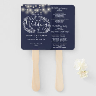 Navy Blue String Lights Wedding Program Hand Fan