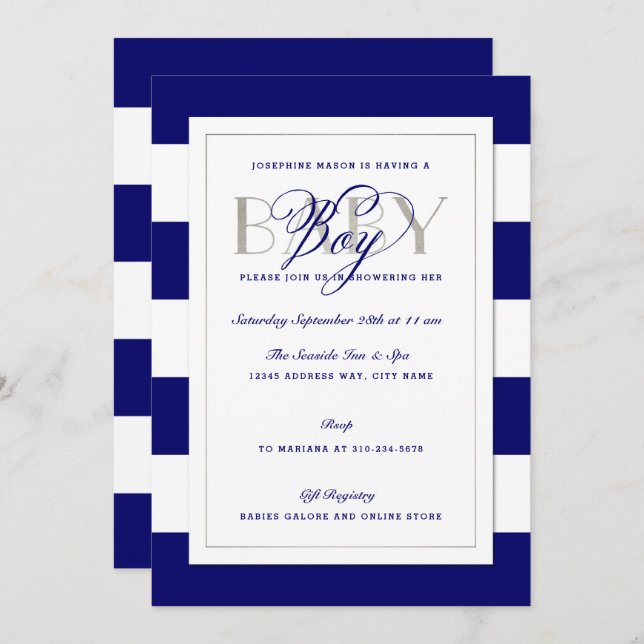 Navy Blue Stripe Baby Boy Shower Faux Silver Invitation (Front/Back)