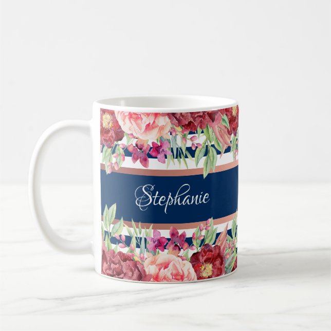 Navy Blue Stripe Burgundy Floral Personalised Name Coffee Mug (Left)