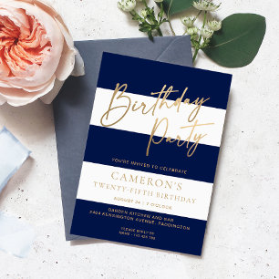 Navy Blue Stripe Gold Birthday Invitation