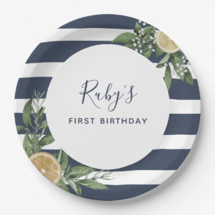 Navy Blue Stripe Lemon Citrus First Birthday Party Paper Plate