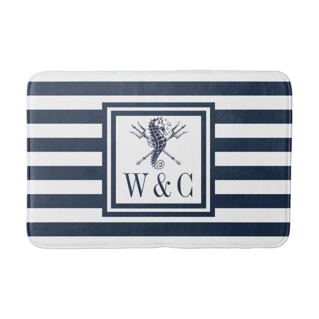 Navy Blue Stripe Monogram Nautical Seahorse Bath M Mat (Front)
