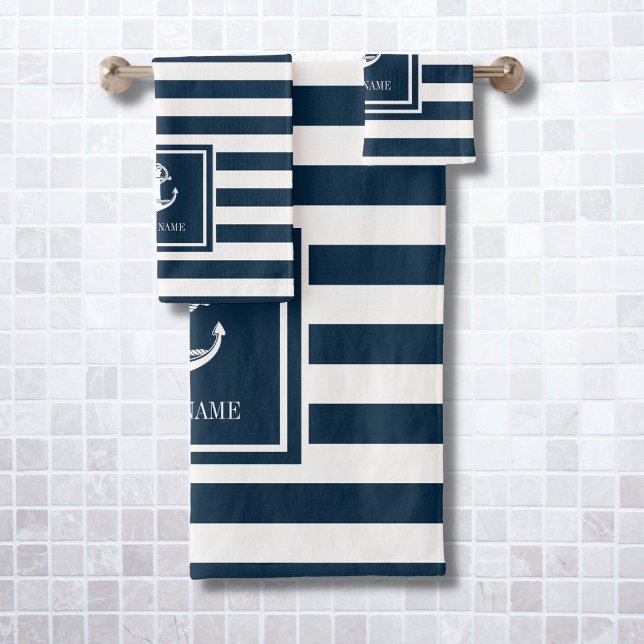 Navy Blue Stripe Nautical Anchor Boat Name Bath Towel Set (Creator Uploaded)