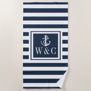 Navy Blue Stripe Nautical Anchor Monogram Beach Towel