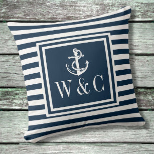 Navy Blue Stripe Nautical Anchor Monogram Throw Pi Cushion