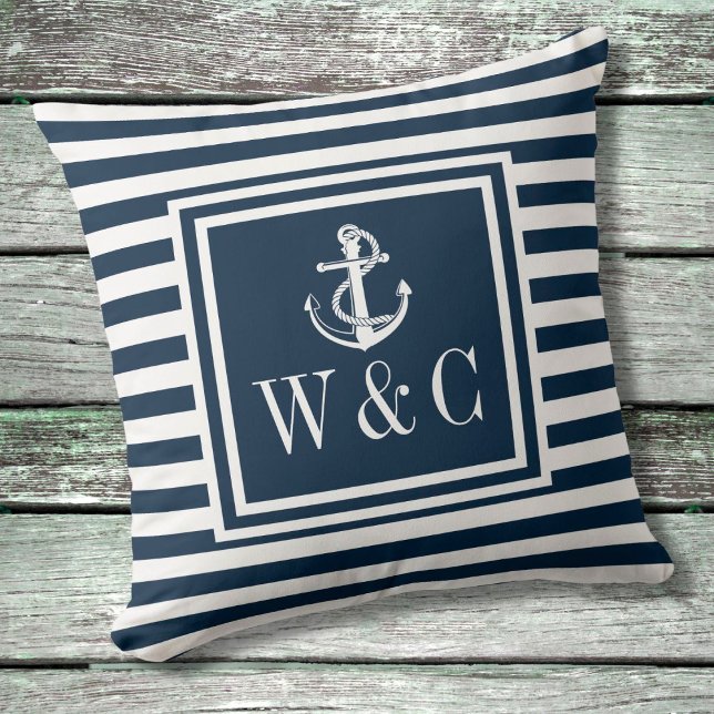Navy Blue Stripe Nautical Anchor Monogram Throw Pi Cushion (Creator Uploaded)