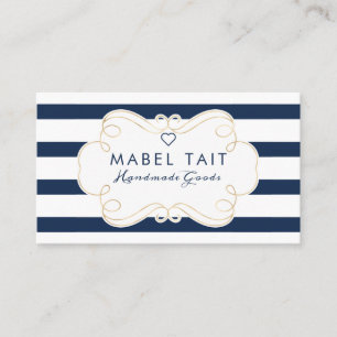 Navy Blue Stripe Pattern & Elegant Crest Business Card