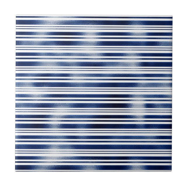Navy blue stripe pattern faux metallic foil shine ceramic tile (Front)