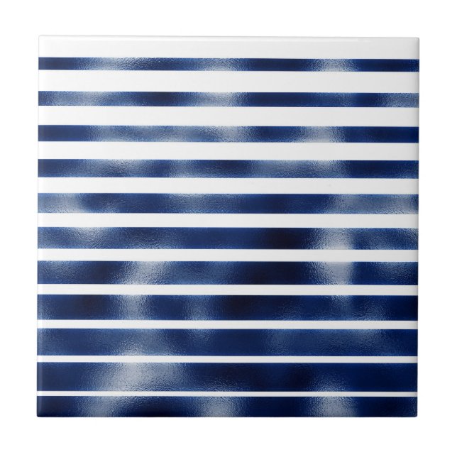 Navy blue stripe pattern faux metallic foil white ceramic tile (Front)