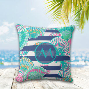 Navy Blue Stripe Seashell Monogram Cushion
