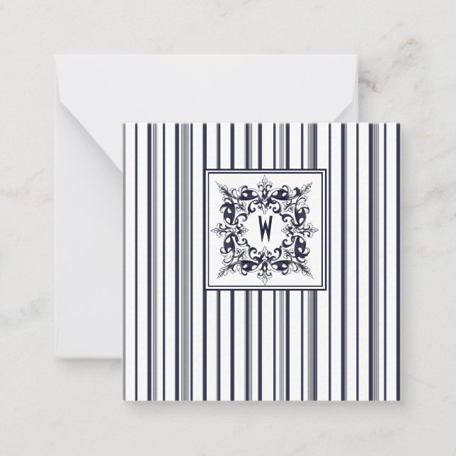 Navy Blue Stripe Vintage Label and Monogram Card (Front)