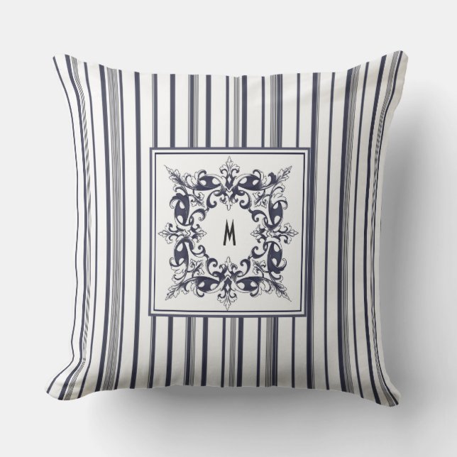 Navy Blue Stripe Vintage Label and Monogram Cushion (Front)