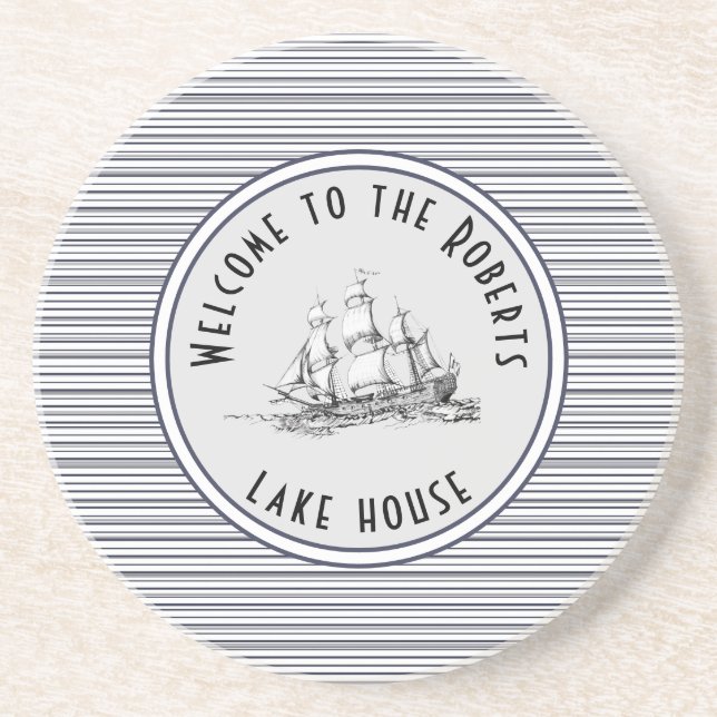 Navy Blue Stripe Vintage Label and Name Coaster (Front)