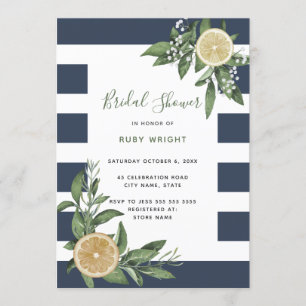 Navy Blue Stripe Watercolor Lemon Bridal Shower Invitation